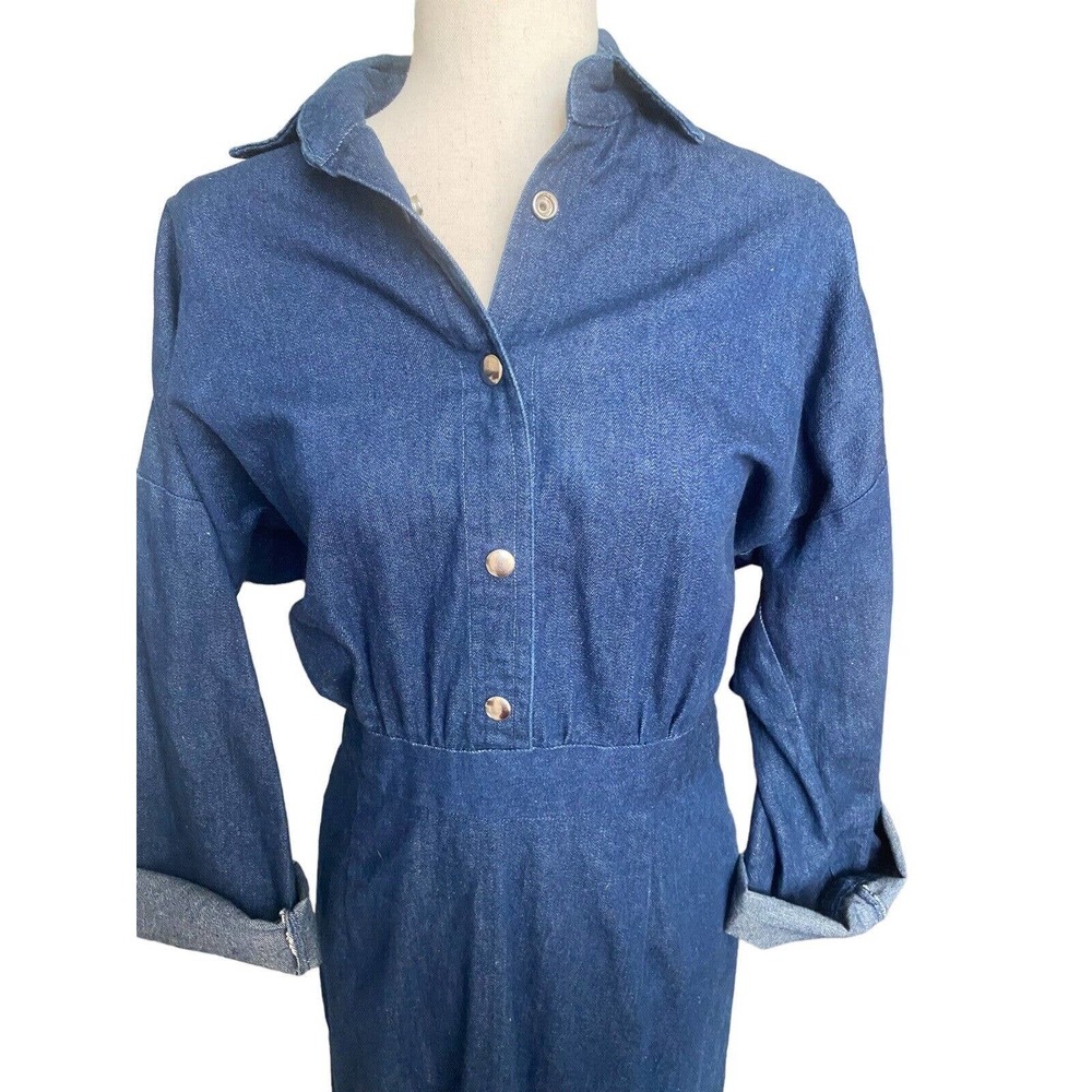 Denim Dress Fringe Western Snap Back Straight Wriggle 4 Small VTG Cowgirl 80s‎ - Picture 5 of 9